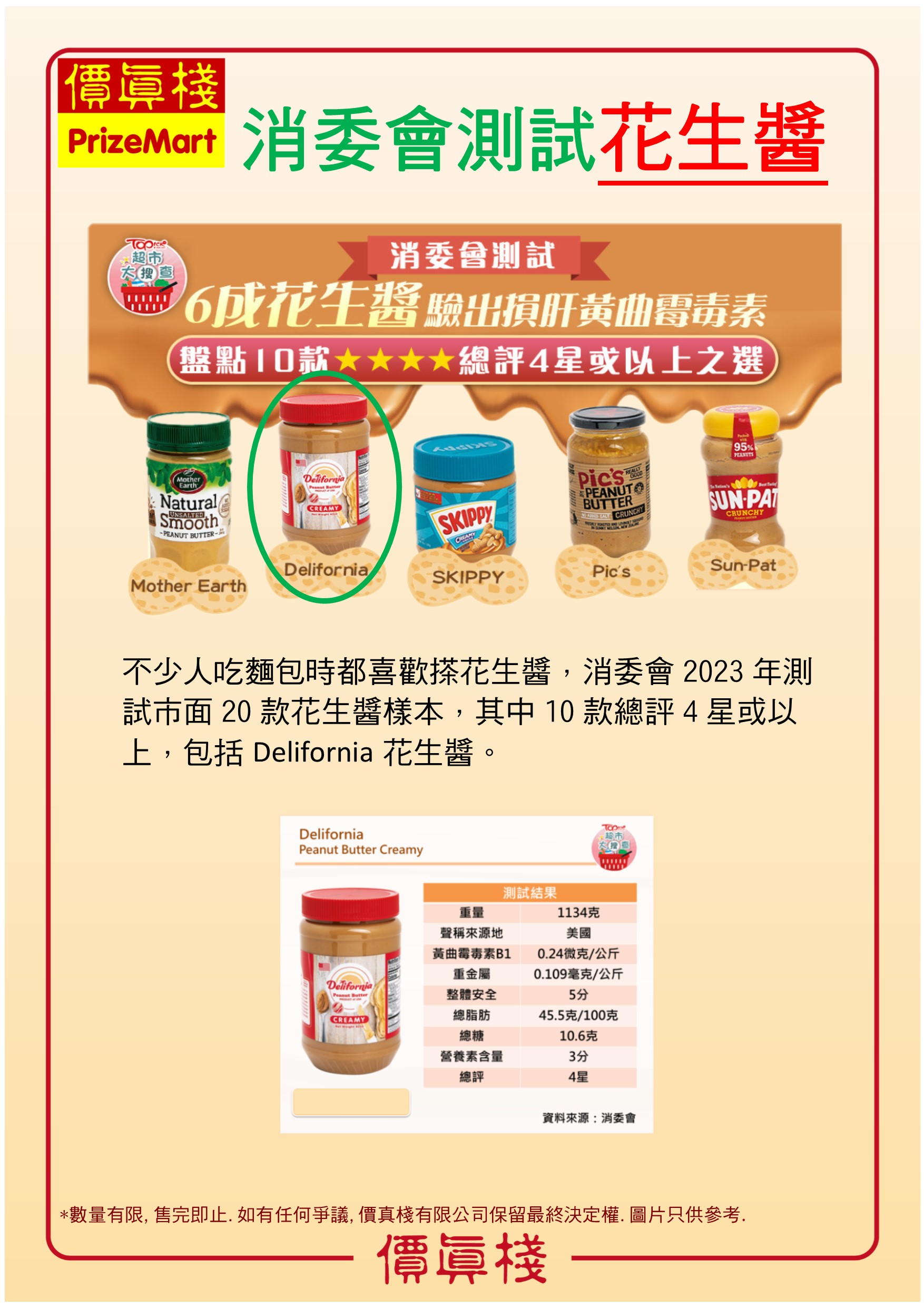 消委會2023年測試 (花生醬) - 總評4星或以上, 包括 Delifornia 花生醬